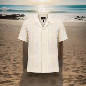 Mens Guayabera Panamerican Ivory 4 Pocket Embroidered Shirt 42